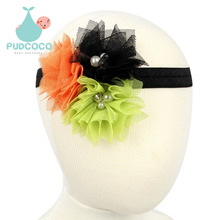 2015 Halloween Baby Girls Chiffon Flowers Headband Children Kids Hair Accessories Elastic Rhinestone Lace Headwear H121