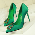 Satin Cloth Colorful Rhinestone Crystal Sexy Shallow Toe Women Pumps 10cm High Heels Woman Wedding Party