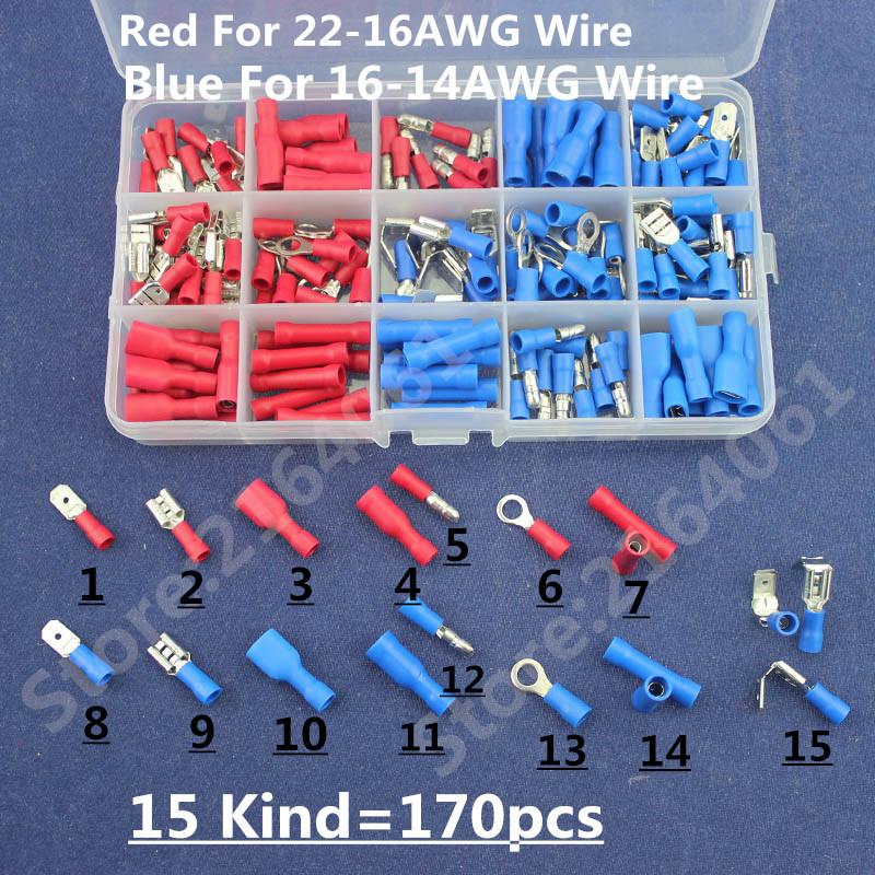 170pcs Assorted Insulated Terminals Female/Male Quick Disconnect Ring