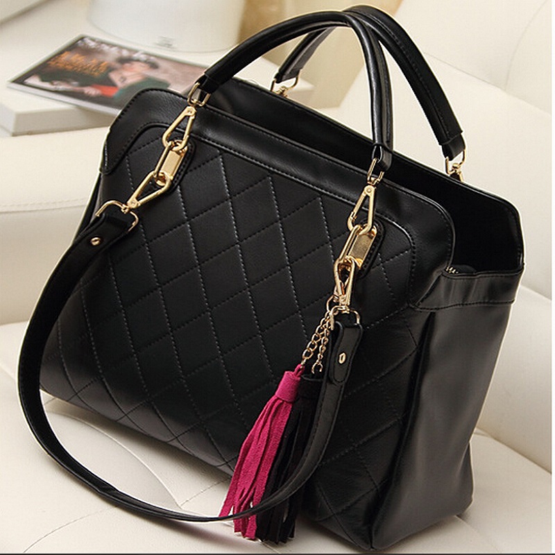2015 new fashion women leather handbag tote shoulder bag large black brown red plaid fringe ...