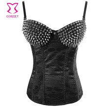Black/Silver Spike Rivet Studs Strap Overbust Corset Steampunk Corsets And Bustiers Gothic Burlesque Corpetes E Espartilhos Sexy