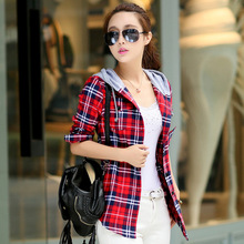 2015 NEW Winter New Plus Velvet Thick Warm Plaid Shirt Sleeved Women’S Plaid Blouse free shipping Even a hat Cap