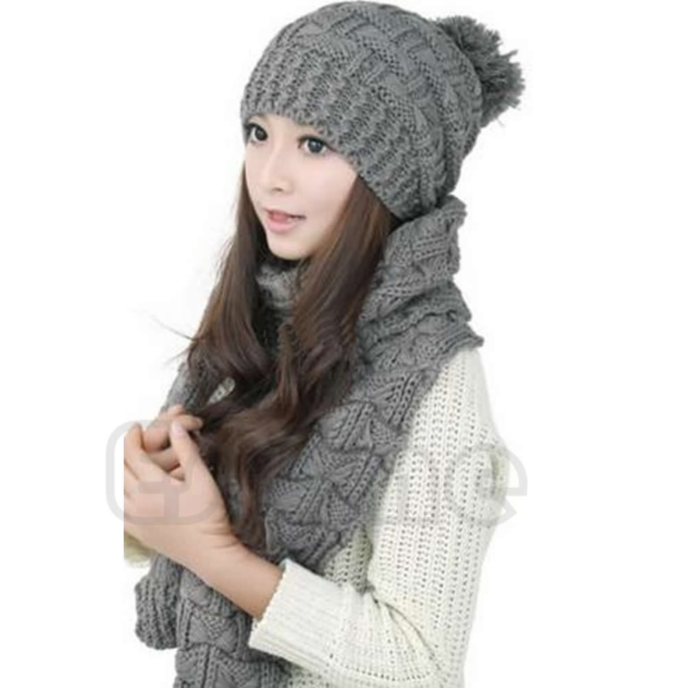 Winter Women Warmer Thicken Scarf Wrap Hat Set Knitted Knitting Girls Collars Skullcaps