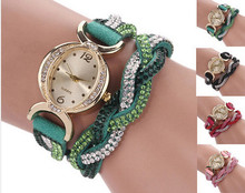 2015 new Two Tone Rhinestone Wrap Faux Suede Round Dial Quartz Bracelet WristWatches women Casual Watches