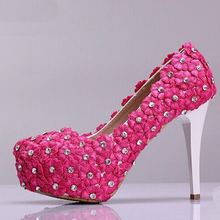 Hot Sale!White/Pureple/Red/Hot Pink/Blue Lace Rhinestones Women Wedding Shoes High Heel Sexy Ladies Party Pumps Round Toes