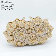 Gift Box Packed Women Gold Plating Rose Flower Hollow Out Crystal Evening Metal Clutches Small Minaudiere Handbag Wedding Clutch