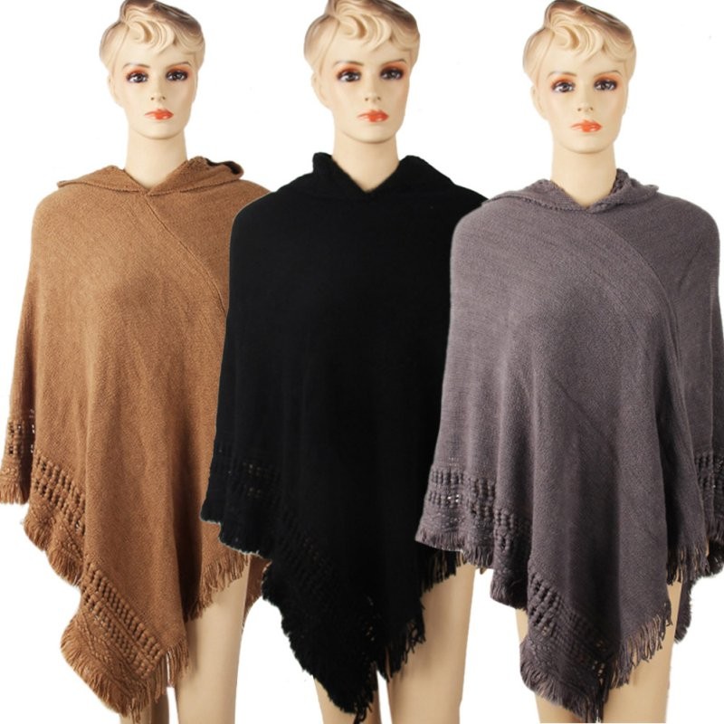 Women Cloak Hoodie Sweaters Knit Batwing Top Poncho Cape Coat Tassel Outwear 