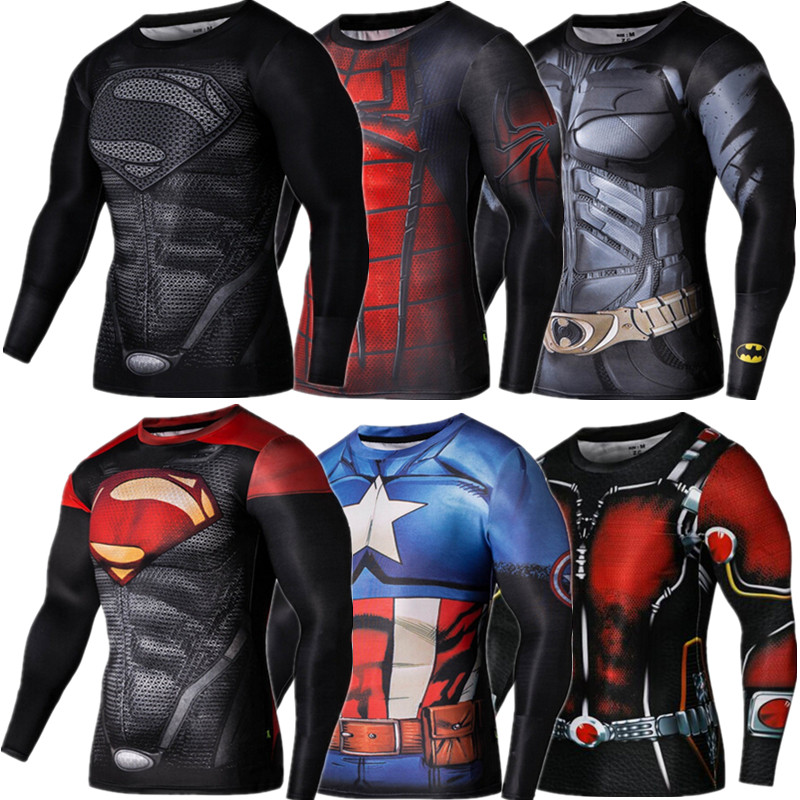 2015 Новый Фитнес Сжатия Рубашка Мужчины Супермен Crossfit Бодибилдинг Длинным Рукавом 3D Майка Топы Рубашки