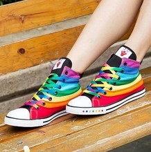2016 New SIWEIQI Fashion Women Canvas Shoes with Striped Rainbow Color Women Casual Flats Shoes All-match Ankle Shoes for Girls