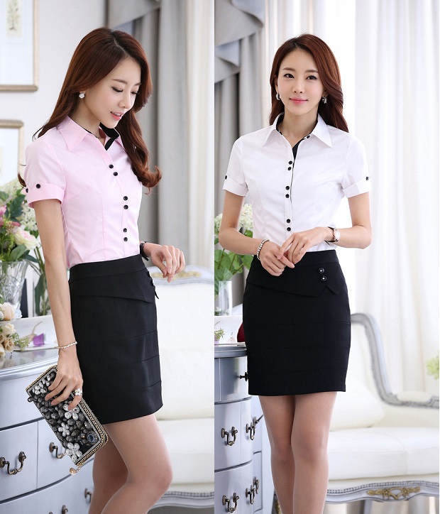 Formal Uniform Style 2015 Summer Short Sleeve Female Office Suits Blouse And Skirt For Women Ladies Tops Shirts Blouses Set