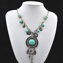 (Min. order $10)Vintage look tibetan alloy silver plated classic round bead turquoise jewelry necklace pendent RD088
