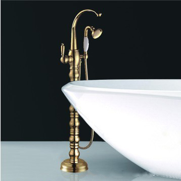 Free Shipping Bathroom Golden Floor Stand Faucet Telephone Type Bath Shower Mixer Brass Shower set Luxury Bathtub Tap V1313