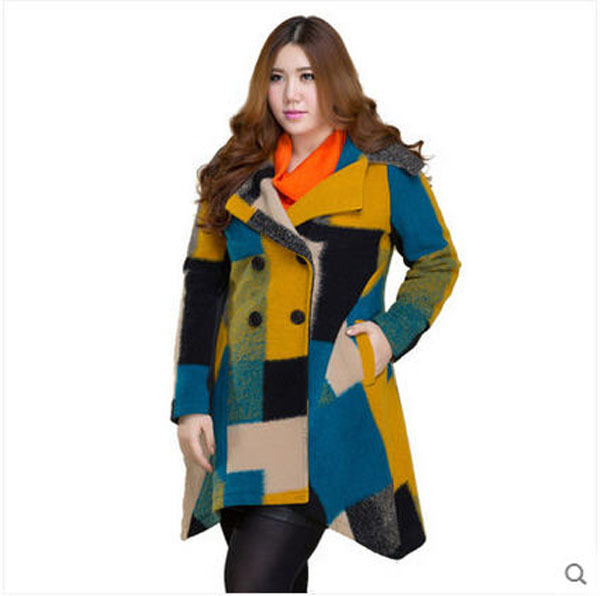 Plus Size L-4XL Fat Women Winter 2014 Long Slim Double-breasted Stitching Woolen Coat Plaid Patchwork Hooded Wool Jacket H2944