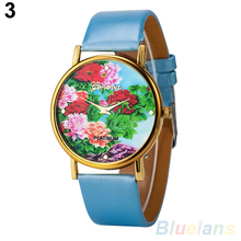 Woman watches Rural Peony Flowers Printed Faux Leather Round Dial Analog Quartz WristWatches 28F7