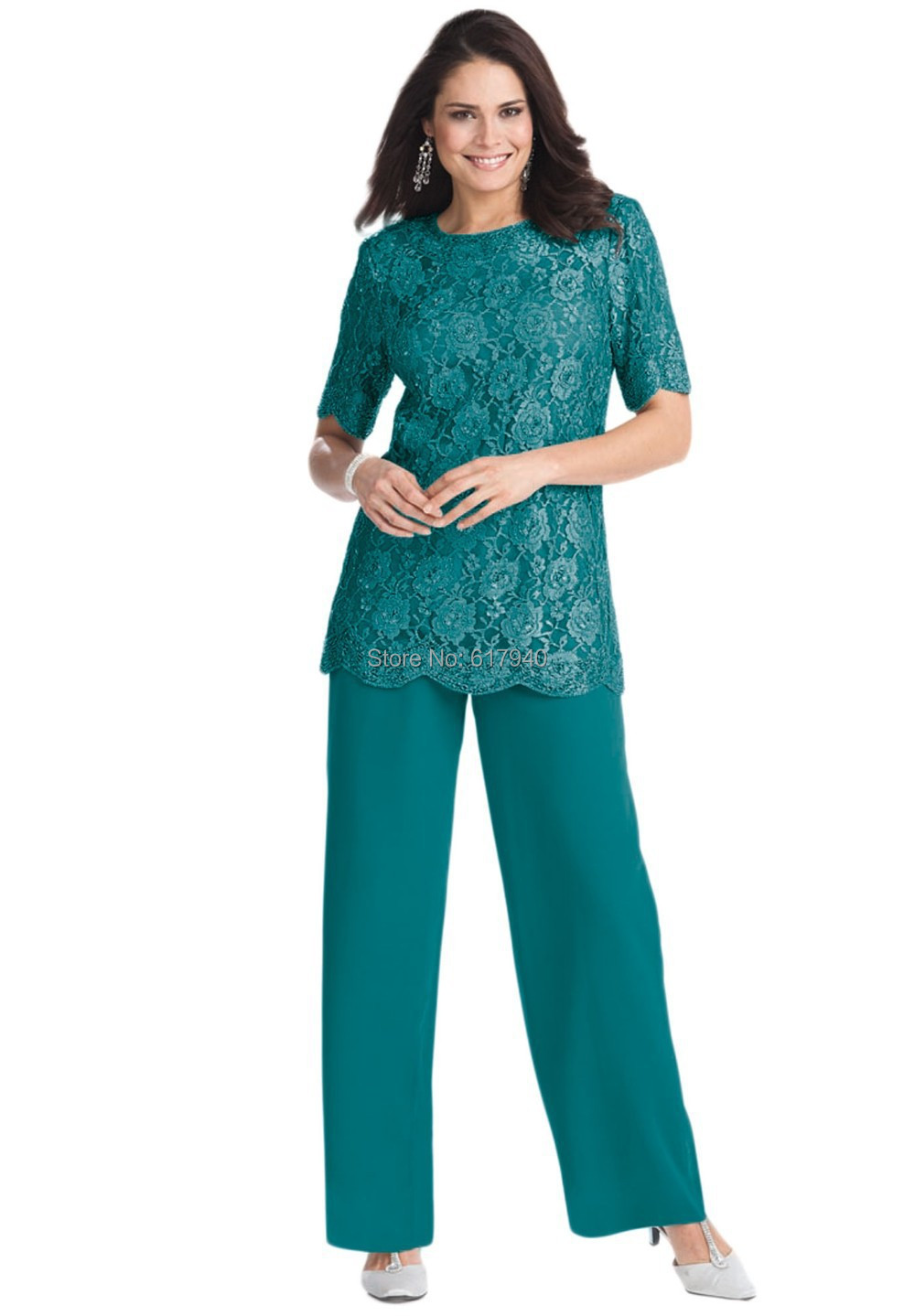 Fashion Plus Size Half Sleeve Chiffon Lace Mother Of the Bride Pant Suits Set 2Pieces With tunic