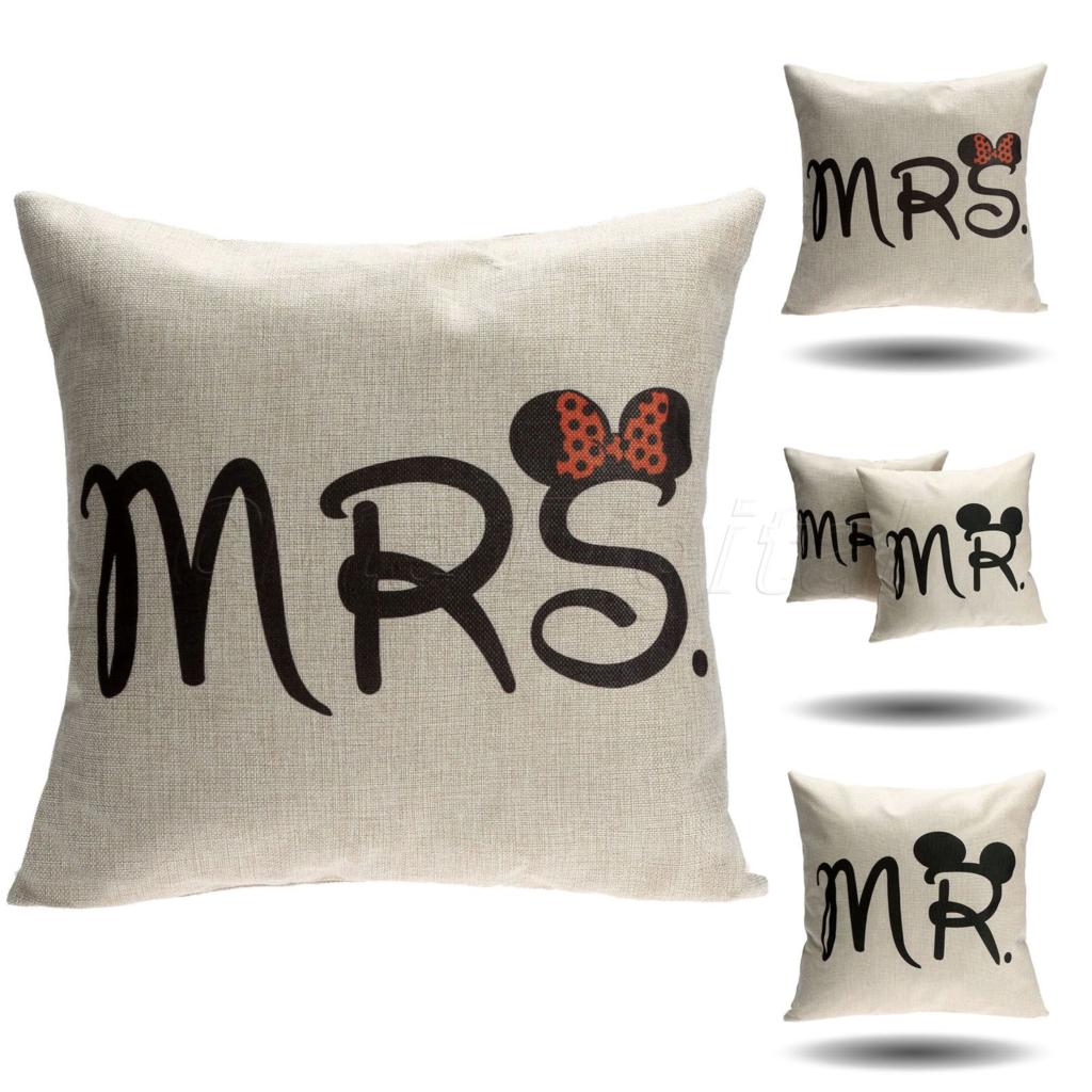 Cushion Cover Cotton Linen Pillow Case Sofa Waist Throw Couch Car Ded Home Decor Mr & Mrs Mickey Mouse Pillowcase Chair Covers