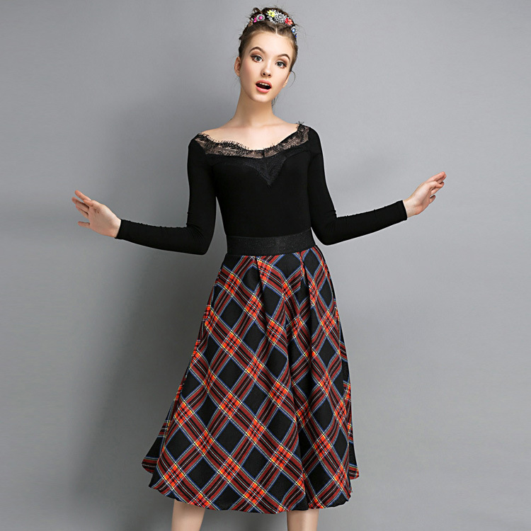 New Fashion Women Skirt Cotton Knee Length Coat Ladies Ball Gown High Waist font b Tartan