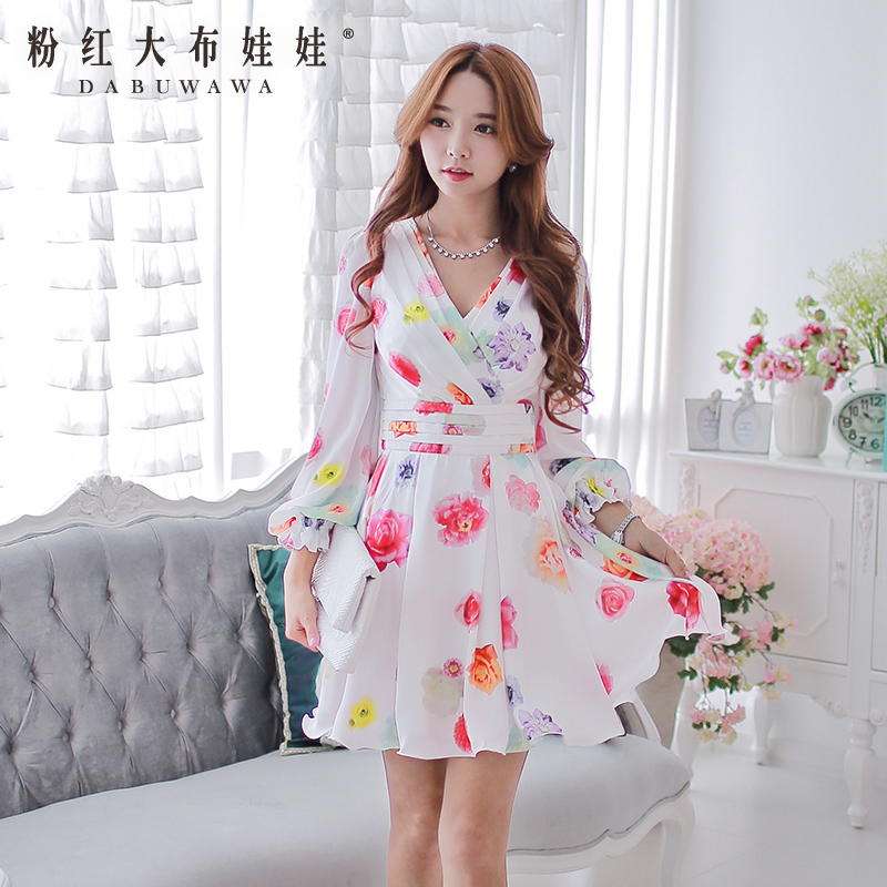 Poly 2015 Dress Pink Doll new spring sleeved dress printing bubble big swing self-cultivation