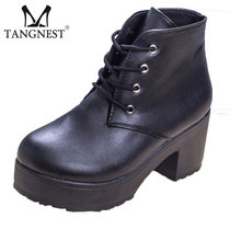 Women’s Ankle Boots 2016 Spring Women Punk Lace Up Platform Creepers White Black Solid High Heel Shoes Woman XWX702