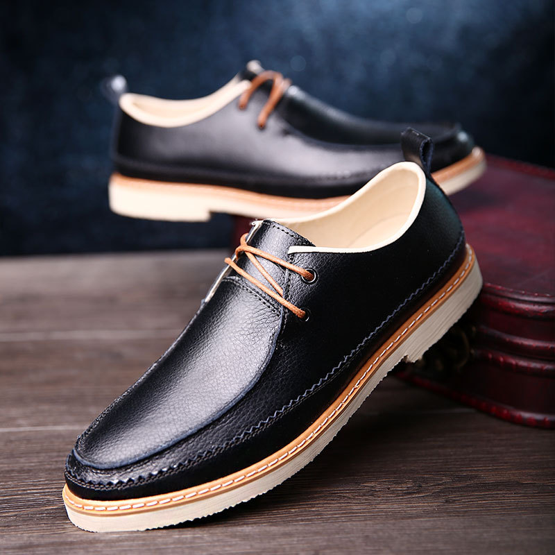 Фотография WholePop Spring Autumn Male Flats Fashion Low-top Round Toe Genuine Leather Commercial Casual Men Shoes