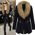 New Women Elegant Wool Blend Winter Coat Office Lady Big Fur Collar Black Slim Zipper Warm