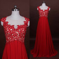 MZY605 red lace appliqued beaded sheer cap sleeve chiffon long see through back evening dress