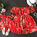 2016 New Summer Style Family look Matching Outfits mother daughter dresses Beach red dress