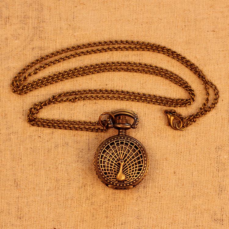 Small Peacock Pattern Retro Vintage Pocket Watch Women Necklace Quartz Alloy Pendant With Long Chain Wholesale