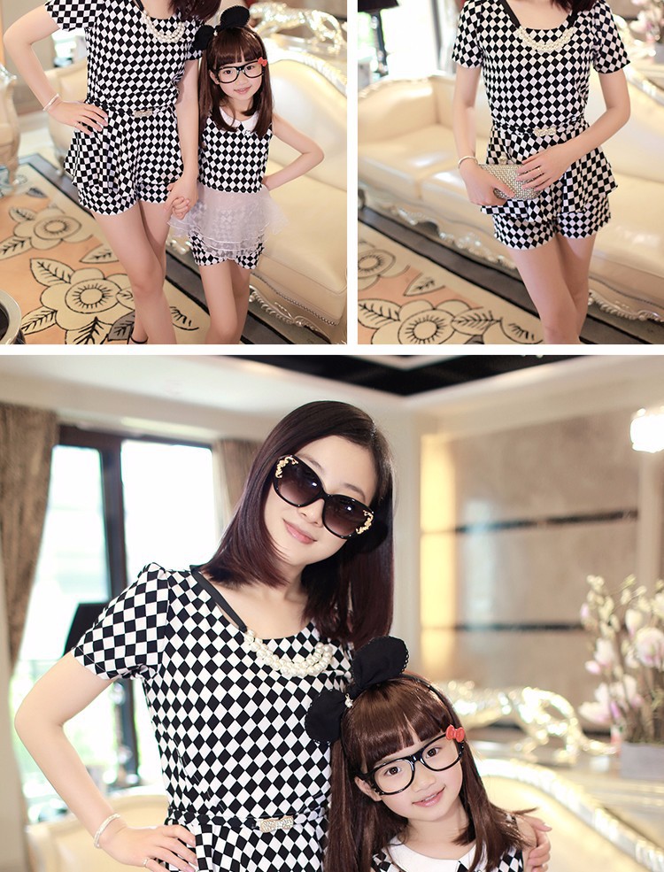 New Arrival 2015 Mother and Daughter Dresses Classic Plaid White and Black Casual Summer Dress (6)