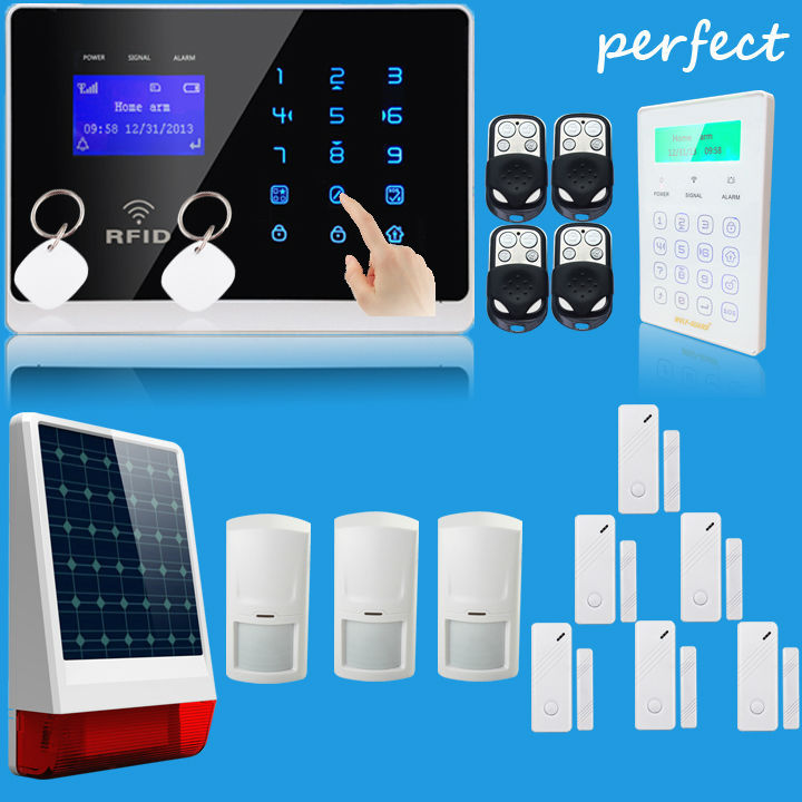 iOS / Android App 2015 Wireless GSM Autodial Home Burglar Intruder Alarm System+touch panel password keypad+wireless solar siren
