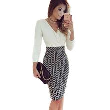 Women Elegant Office Dress Long Sleeve V-neck Plaid Print Patchwork Bodycon Pencil Dress Business Wear vestidos Plus size 2XL