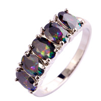lingmei Wholesale New Mysterious Jewelry Fashion Unisex Oval Rainbow Topaz Silver Ring Size 6 7 8 9 10 Romantic Love Style