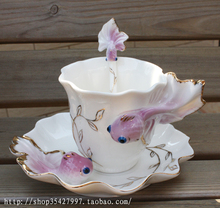 Free shipping creative Ceramic cup / coffee cup set / fashion gift / coffee mug / porcelain goldfish cup / cup + plate + spoon
