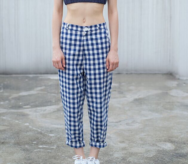 blue and white plaid pants