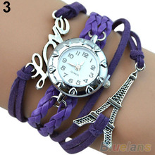 Mujeres de belleza torre Eiffel palabra amor trenzado de cuero de imitación reloj de la pulsera 4KN8