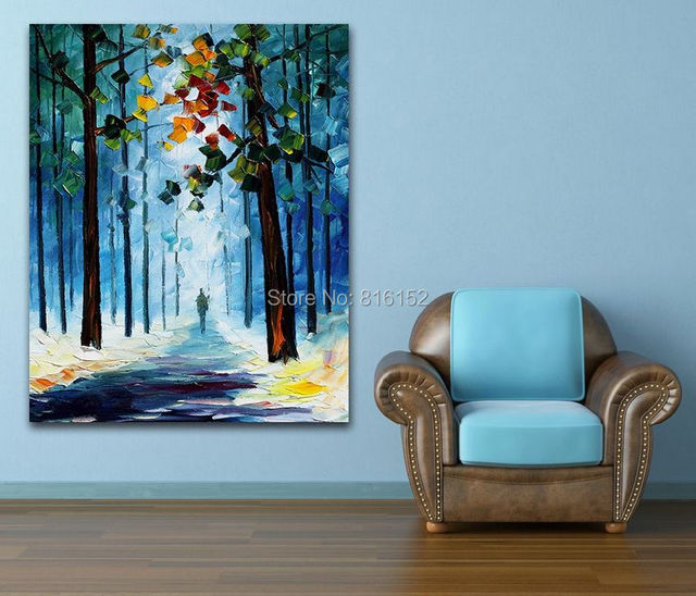Palette knife painting autumn foggy forest modern landscape ...