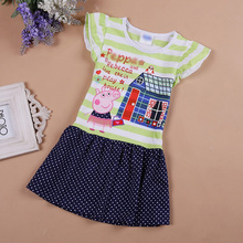 2016 summer baby girls dress princess cotton cartoon pig striped sleeve lace dresses child clothing kids clothes