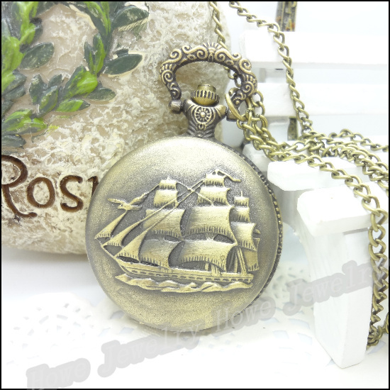 New Steampunk Quartz Dress Pocket Watch Sailboat Ship Vintage Style Bronze Necklace Pendant Chain Clock