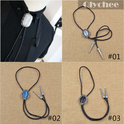 Vintage Western America Style Mens Male Cowboy Opal Bolo Tie Rodeo Dance Aztec Leather Party Neckwear