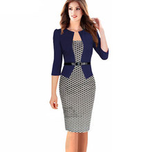 2016 Spring Summer Dress One-piece False Jacket Work Pencil Office Dress Bodycon Plus Size Vintage Sheath Dresses with belt