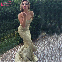 long evening dress 2016 new arrival formal dresses fashionable abendkleider golden sparkly lace sequins ruffles fish