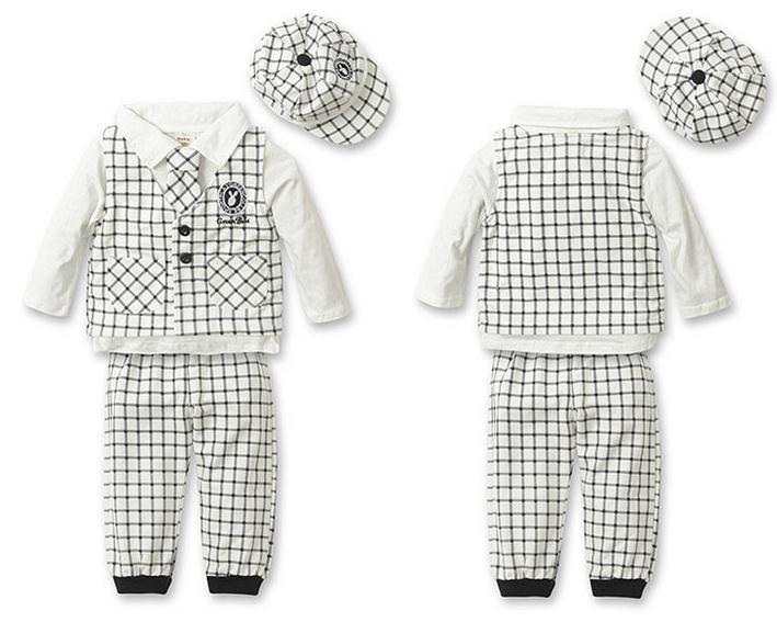 2014 Autumn baby boy suit white long sleeve shirt + vest + tie + hat + plaid trousers 5pcs set kids boys clothing set 5set/lot