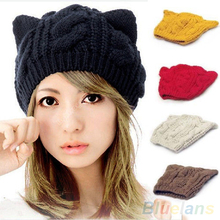 Women’s Winter Knit Crochet Braided Cat Ears Beret Beanie Ski Knitted Hat Cap  1QEW