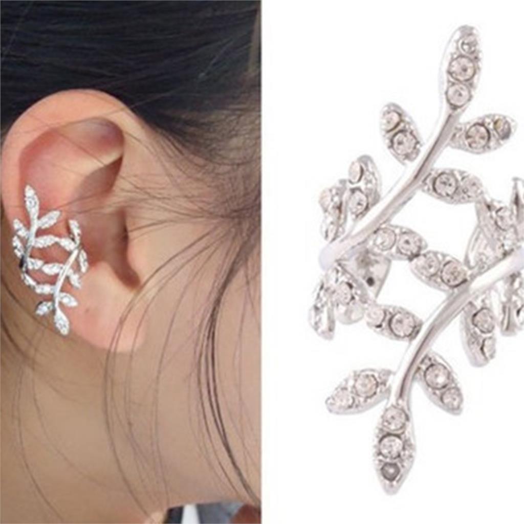 Silver Golden Punk Rock Earring Crystal Leaf Ear Cuff Warp Clip Ear Stud Jewelry