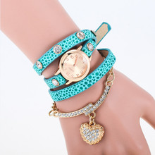 New Korean Fashion Girls Bracelet Watch Diamond Love Heart Retro Leather Wrist Watch Women Metal Bracelet