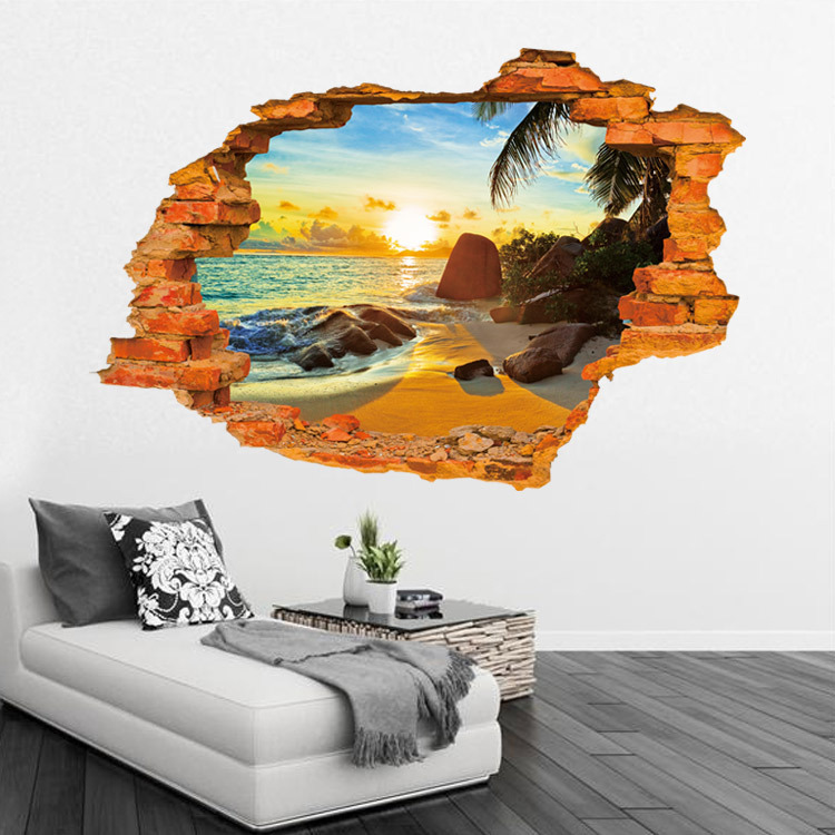 87*57cm beach break hole wall stickers decals sunrise landscape vinyl wallpaper mural adult home livingroom bedroom salon decor
