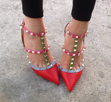 Size 35 40 New 2015 Brand Pointed Toe Rivets Shoes Woman High Heels Shoes blue red