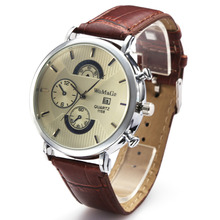 Nueva moda de lujo calendario reloj mecánico Brown correa de cuero Casual cristal Mineral oro caja del reloj de hombres reloj para hombre