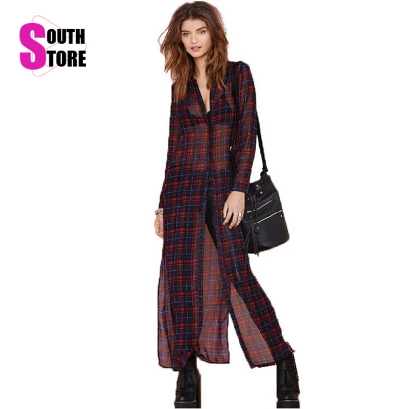 Blusas femininas 2016 Summer Sheer Split Long Blouse Women Shirt font b Tartan b font Vintage