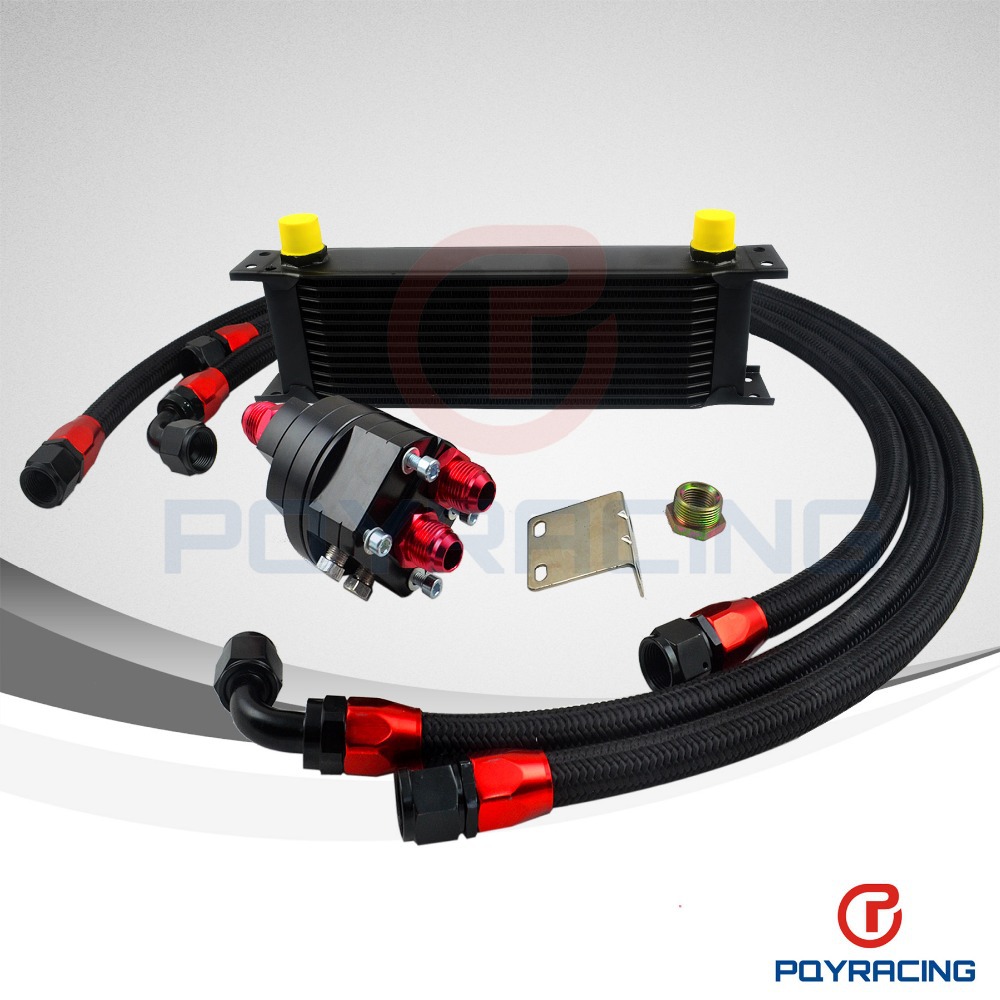 PQY STORE-UNIVERSAL 13 ROWS ENGINE OIL COOLER+ALUMINUM OIL FILTER/COOLER RELOCATION KIT+3X BLACK NYLON BRAIDED HOSE LINE+ADAPTER